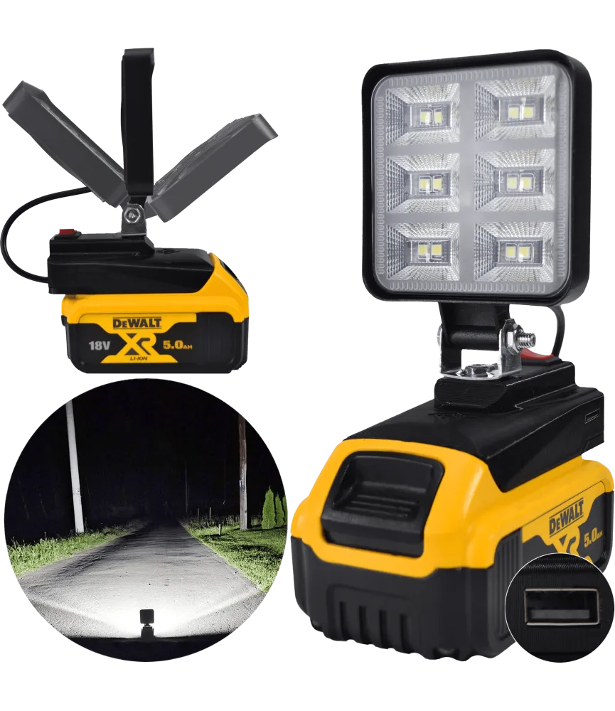 Lampa Do Baterii DeWalt 18V LED Halogen Roboczy + USB - Czarny