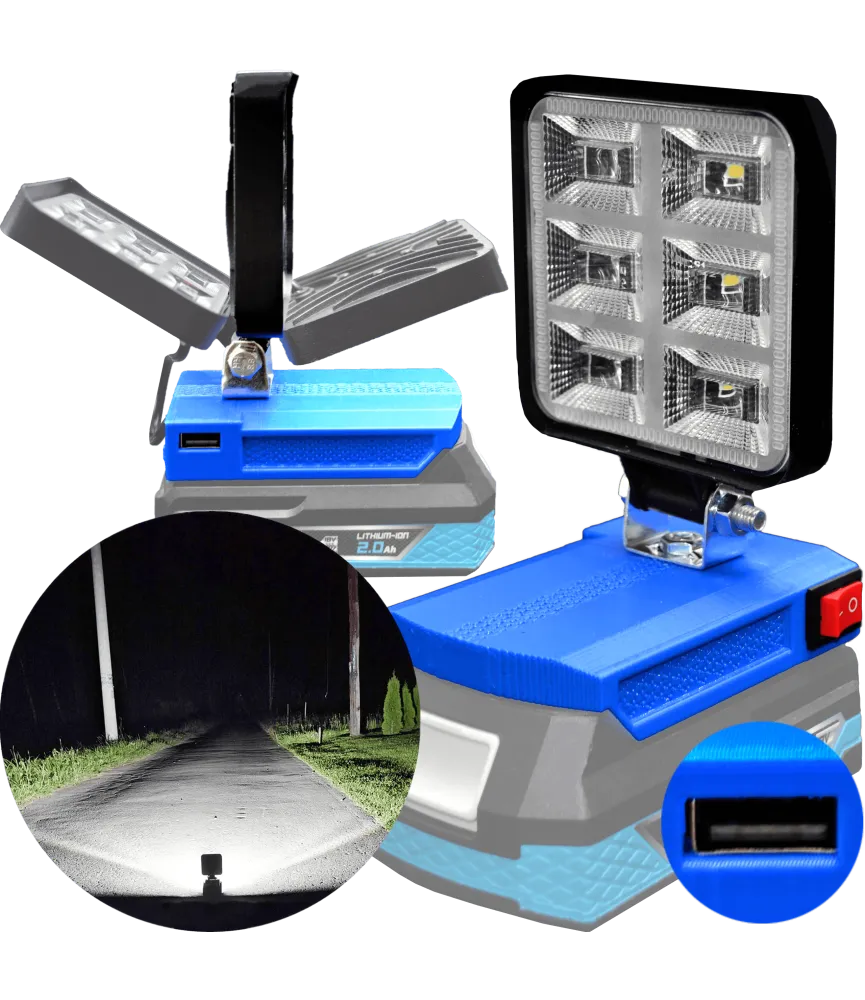 DEDRA 18V SAS+ LED HALOGÉNOVÁ PRACOVNÁ BATÉRIOVÁ LAMPA + USB - Niebieski