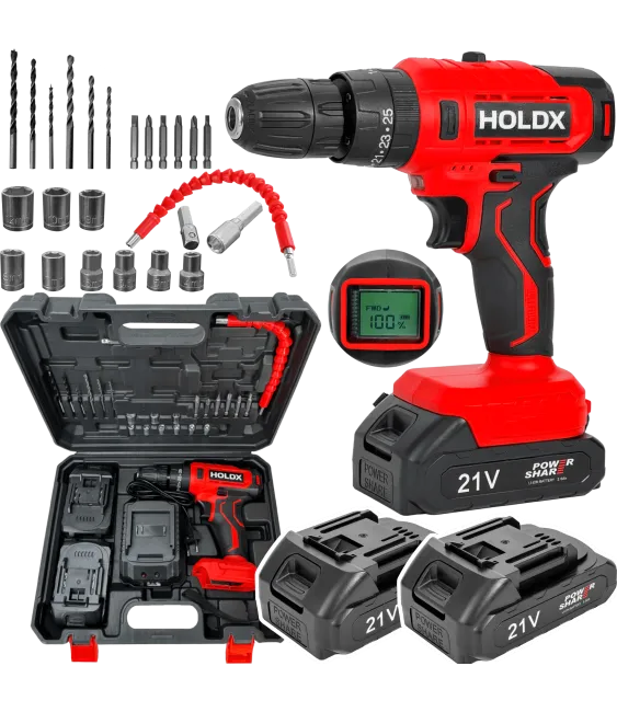 WIERTARKO WKRĘTARKA HOLDX 21V 2.0Ah Z ELASTYCZNĄ PRZEDŁUŻKĄ ZESTAW BITÓW WIERTEŁ 