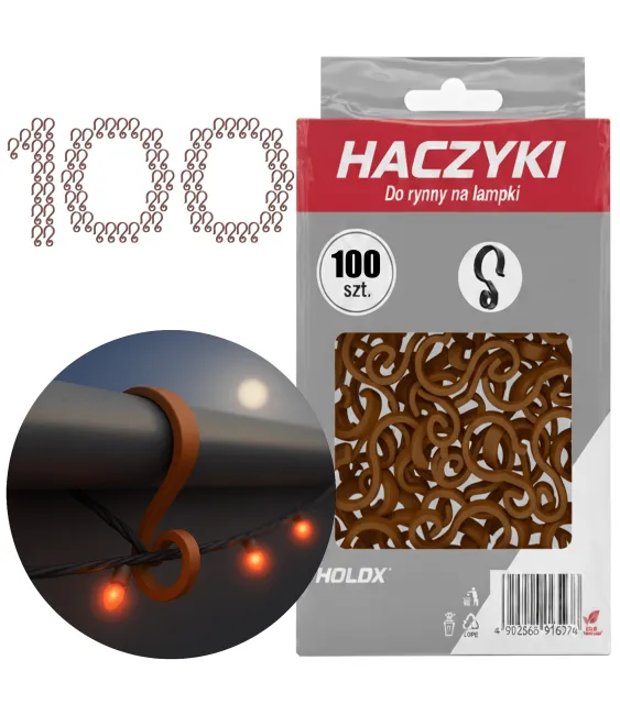 HACZYKI DO RYNNY NA LAMPKI I OZDOBY ŚWIĄTECZNE BRĄZOWY 4,4x2,5CM 100szt. HACZYKI DO RYNNY NA LAMPKI I OZDOBY ŚWIĄTECZNE BRĄZOWY 4,4x2,5CM 100szt.