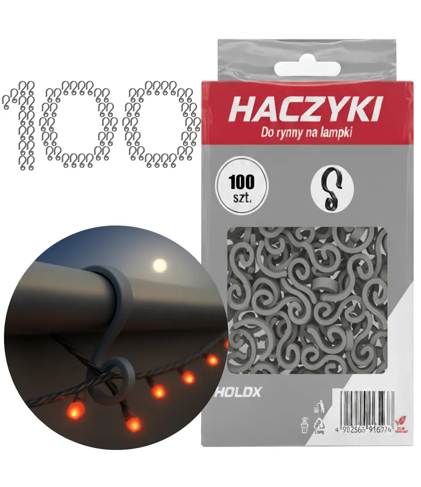 HACZYKI DO RYNNY NA LAMPKI I OZDOBY ŚWIĄTECZNE SZARY 4,4x2,5CM 100szt. 