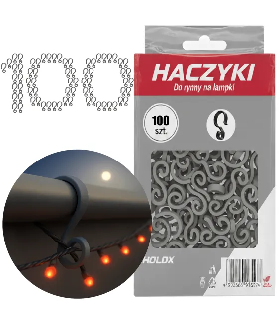 HACZYKI DO RYNNY NA LAMPKI I OZDOBY ŚWIĄTECZNE SZARY 4,4x2,5CM 100szt. 